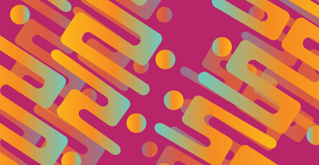 Abstract geometric pattern of overlapping, vibrant orange and teal shapes on a magenta background.