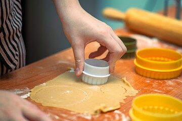 Teen's hand using a plastic round cutter to shape honey cookie dough pieces