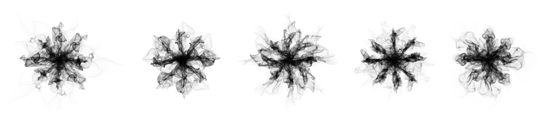Set of halftone snowflakes and flowers, formed by chaotic waves and small particles intertwined in an energetic field. Abstract design, perfect for logos, presentations, tech, and medical 