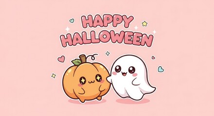 Cute happy Halloween with kawaii pumpkin and ghost characters on a pink background
