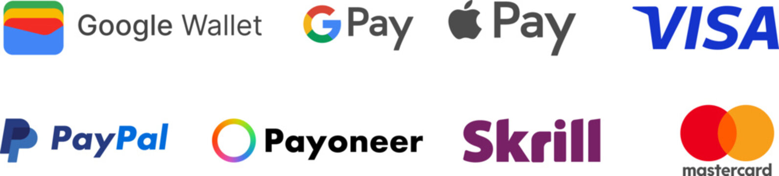 Payment method logo set icon. Popular online payment methods symbol. google wallet, google pay, apple pay, visa, paypal, payoneer, skrill and master card logo icon set
