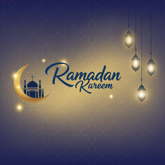 Ramadan Kareem Background Design With Silhouette Mosque, Crescent Moon and islamic lantern