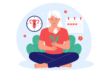 Illustration of Menopause and Hormonal Change. Woman Meditating for Emotional Balance During this Life Transition