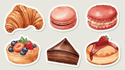 Watercolor pastries stickers: croissant, macarons, fruit tart, chocolate cake, and strawberry dessert.