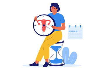 Illustration of Menopause and Biological Clock. Woman Holding a Clock Symbolizing the End of the Reproductive Cycle