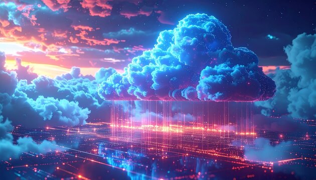 Digital cloud computing concept with blue light energy and motion pattern background and glowing clouds illustration