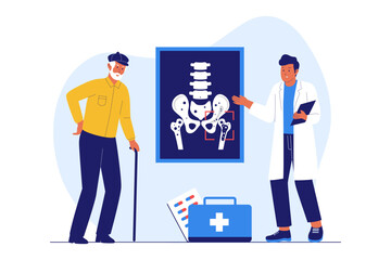 Illustration of Osteoporosis and Skeletal Health. Doctors Examining a Pelvis X-ray for Bone Density and Disease Prevention
