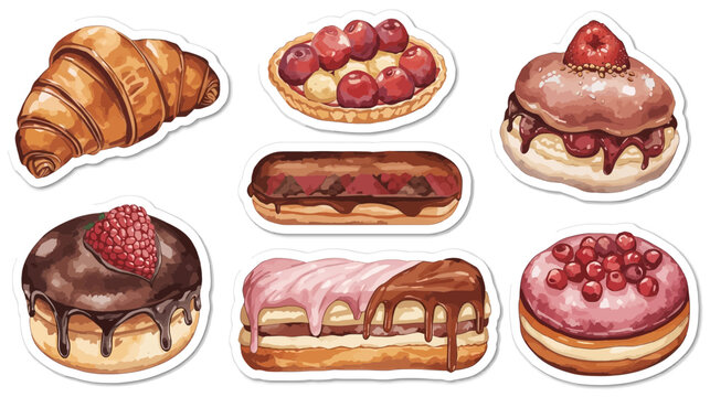 Watercolor pastries: croissant, tart, eclair, donut, and cake.