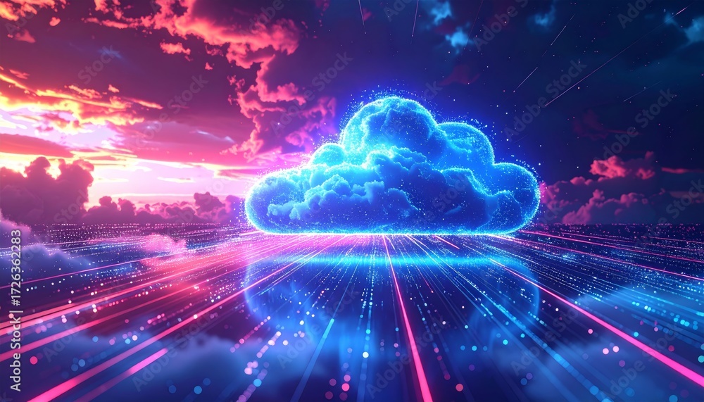 Wall mural digital cloud computing concept with blue light energy and motion pattern background and glowing clo