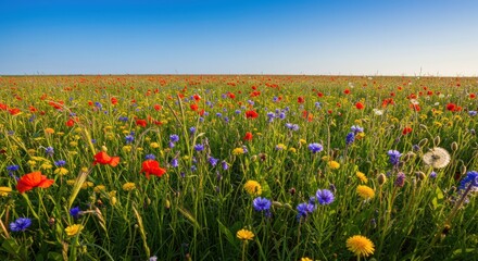 Obraz premium Vibrant wildflower bloom open field landscape sunny day wide-angle nature's beauty