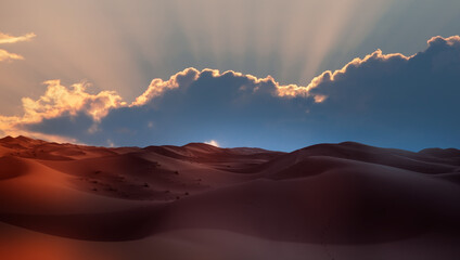 Sand dunes in the Sahara Desert at amazing sunrise, Merzouga, Morocco - Orange dunes in the desert of Morocco - Sahara desert, Morocco