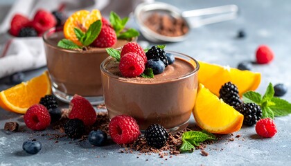 Rich chocolate mousse, topped with fresh berries and orange segments