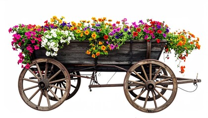 Fototapeta premium Ornate wooden wagon overflowing with vibrant flowers