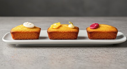 Three decorated loaf cakes on a tray