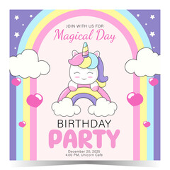 Birthday Invitation Card for Kids' Party with Colorful Rainbow Unicorn and Glowing Hearts Editable Vector Template