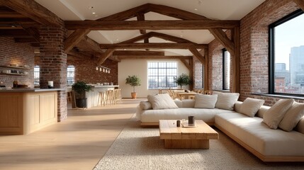 Warm Industrial Loft Interior with Wooden Beams and Natural Light Modern Design