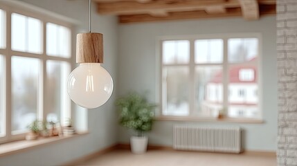 Warm Interior Still Life with Hanging Lightbulb Against Window and Rustic Wooden Beams in Neutral Tones