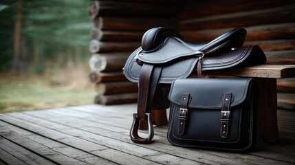 Vintage Leather Horse Saddle and Bag on Rustic Wooden Bench with Log Cabin Wall and Forest Background