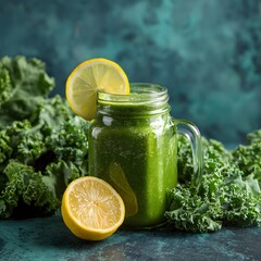 Kale-spinach smoothie in green glass jar with lemon slice, clean area for nutrition message or text.