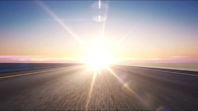 Blinding sunlight shining on high-speed motion blurred road