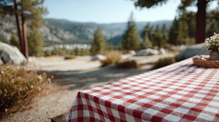 Vintage Picnic Table with Red Checkered Cloth in a Sunny Mountain Landscape Cinematic HDR Lifestyle