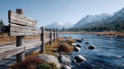 Vintage Weathered Wooden Signpost by Scenic River Under Blue Sky Mountain Landscape with HDR Details