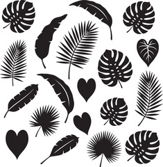 Tropical Delight: An assortment of vibrant tropical leaves and hearts are elegantly presented in this digitally crafted artwork, adding a touch of exotic flair.