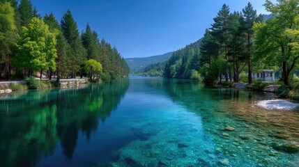 Vivid Blue Lake Surrounded by Lush Green Forest Under Clear Sky in Natural Outdoor Landscape