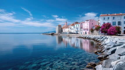 Vivid Coastal Townscape with Clear Water Reflections and Blue Sky in Mediterranean Light