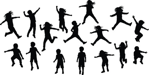Children silhouette set, jumping and running poses, playful motion, cartoon vector illustration, childhood activity, energetic movement, outdoor play, freedom theme