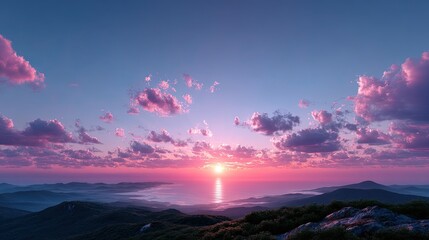 Vivid Golden Sunset over Ocean Horizon with Pink Clouds and Rolling Hills Landscape in Pastel Blue and Purple Sky in Warm Light