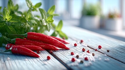 Vivid Red Chili Peppers on Rustic Blue Wooden Surface with Fresh Mint and Spices