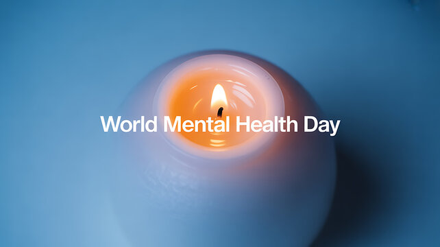 A lit candle with the text 'World Mental Health Day' displayed on a blue background.