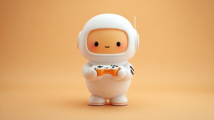 A cute astronaut character in a white suit holding a game controller, set against a soft orange background, cute robot with gadgets with space for text