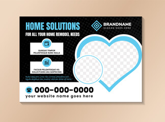 Horizontal banner for home solutions template design. blue and white on elements isolated on black background. heart and circle shapes for photo space. transparency of dot circle halftone pattern. 