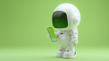 A cute astronaut robot stands holding a smartphone against a vibrant green background, blending technology with a playful design, cute robot with gadgets with space for text