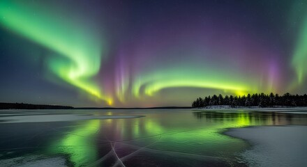 Aurora reflecting on still lake under vibrant sky