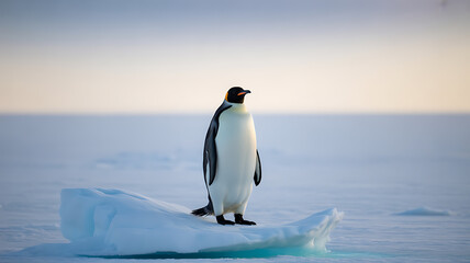 Obraz premium A solitary emperor penguin stands on a piece of floating ice in a vast, icy landscape.