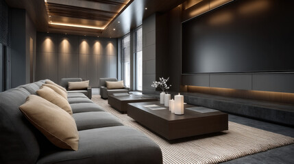 Fototapeta premium Modern living room with cozy gray sofa, beige pillows, large screen, wooden coffee table, candles, and soft lighting for warm atmosphere