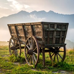 Obraz premium Old wooden wagon sits in a grassy field at sunrise, mountains in the background