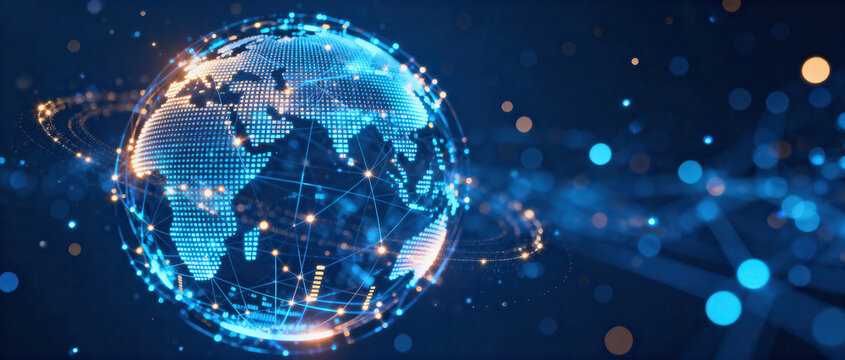 A visually striking depiction of a global digital network with interconnected nodes and a glowing globe representing worldwide connectivity.
