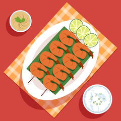 Top view of grilled shrimp skewers with lime slices and dipping sauces on red background with checkered cloth in a vibrant stylized scene celebrating seafood and culinary presentation