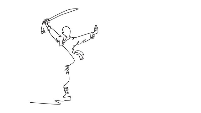 Animated self drawing continuous line draw young man in one-legged stance, balancing gracefully while holding sword overhead, movement, skill of Shaolin Kung Fu master. Full length one line animation
