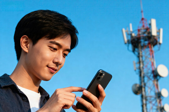 A young man is using a smartphone with a telecommunication tower visible in the background, highlighting modern technology and connectivity.