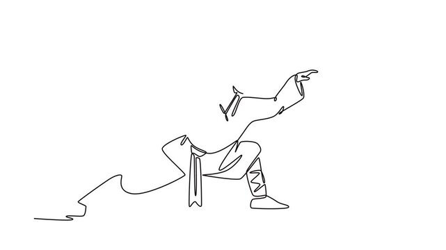 Self drawing animation of single line draw man in dynamic fighting stance, hands poised and ready, capturing focused energy and fluid movement of Shaolin Kung Fu. Continuous line. Full length animated