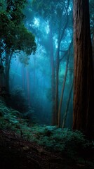 Naklejka premium Mystical Blue Forest at Dawn Fog Shrouds Tall Trees and Lush Undergrowth