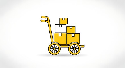 Yellow hand truck stacked high with essential cardboard delivery boxes, ready for swift logistics and efficient shipping solutions in a modern, clean presentation