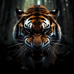 The tiger's face displayed pure anger, its sharp yellow eyes blazing, its fangs wide open, and the wrinkles on its forehead radiated a deadly warning to every creature of the forest.