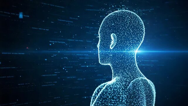 Digital human silhouette composed of glowing particles on blue background  