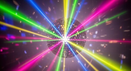 Shiny disco ball with colorful light beams in party atmosphere
